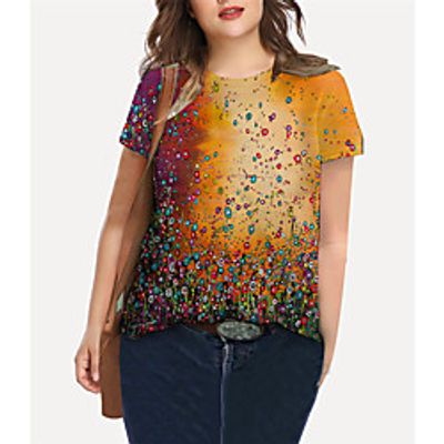 Women's Plus Size Tops T shirt Floral Graphic Print Short Sleeve Crewneck Basic Red Big Size XL XXL 3XL 4XL 5XL / Holiday miniinthebox