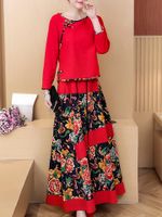 Vintage Printed Blouse Flower Skirt Two Pieces Suits