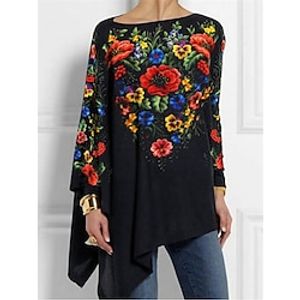 Women's T shirt Tee Graphic Floral Black White Yellow Print Flowing tunic Long Sleeve Casual Holiday Fashion High Neck Regular Fit Spring   Fall Lightinthebox