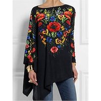Women's T shirt Tee Graphic Floral Black White Yellow Print Flowing tunic Long Sleeve Casual Holiday Fashion High Neck Regular Fit Spring   Fall Lightinthebox - thumbnail