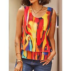 Women's Camis Striped Abstract Work Daily Vacation Tiered Sleeveless Red Sleeveless Bohemia Crew Neck Summer Lightinthebox