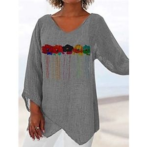 Women's Plus Size Tops Blouse Floral Print Long Sleeve V Neck Streetwear Daily Vacation Polyester Fall Winter Light Grey Dark Gray miniinthebox