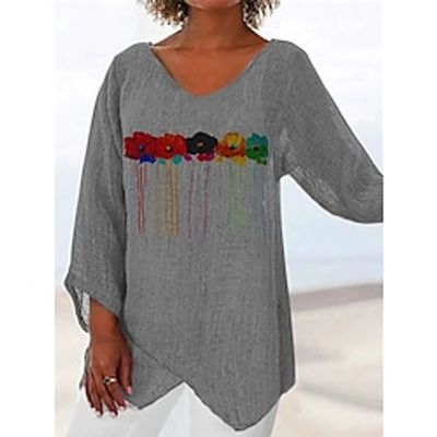 Women's Plus Size Tops Blouse Floral Print Long Sleeve V Neck Streetwear Daily Vacation Polyester Fall Winter Light Grey Dark Gray miniinthebox