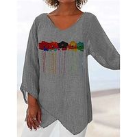 Women's Plus Size Tops Blouse Floral Print Long Sleeve V Neck Streetwear Daily Vacation Polyester Fall Winter Light Grey Dark Gray miniinthebox - thumbnail