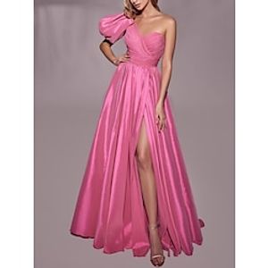 A-Line Evening Gown Elegant Dress Formal Sweep  Brush Train Short Sleeve One Shoulder Satin with Pleats Ruched Slit 2023 Lightinthebox