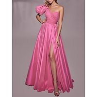 A-Line Evening Gown Elegant Dress Formal Sweep  Brush Train Short Sleeve One Shoulder Satin with Pleats Ruched Slit 2023 Lightinthebox - thumbnail