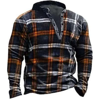Men's T shirt Tee Henley Shirt Tee Top Long Sleeve Shirt Plaid / Check Henley Street Vacation Long Sleeve Clothing Apparel Fashion Designer Basic miniinthebox