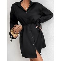 Women's A Line Dress Short Mini Dress Black Long Sleeve Solid Color Ruched Spring Summer Shirt Collar Work Modern 2022 XS S M L Lightinthebox - thumbnail