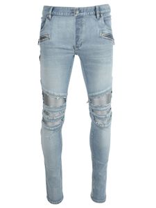 Light Blue Distressed Ribbed Slim-Fit Jeans