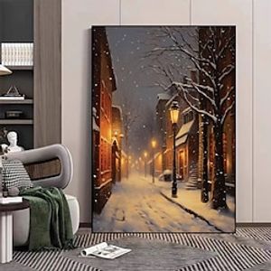 Wonderful Wall Art Hand Painted Winter Scenery Oil Painting on Canvas Handmade Beauty Winter Snow Landscape Street View Oil Painting miniinthebox