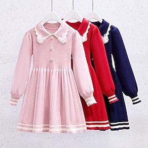 Kids Girls' Dress Sweater Dress Stripe Long Sleeve Outdoor Casual Button Fashion Cute Daily Acrylic Midi Casual Dress Sweater Dress A Line Dress Fall Winter 3-10 Years Pink Red Navy Blue Lightinthebox