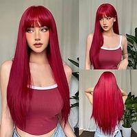 26 Inch Long Red Wig With Bangs,Straight Gray Wigs For Women,Heat Resistant Synthetic Wig For Fashion Women Lightinthebox - thumbnail