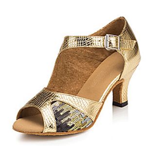 Women's Latin Shoes Heel Splicing Cuban Heel Gold Buckle Adults' Glitter Crystal Sequined Jeweled miniinthebox