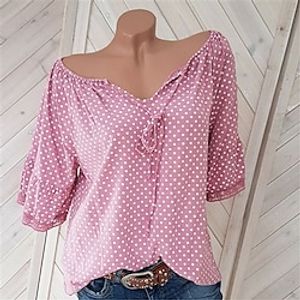 Women's Plus Size Tops Blouse Shirt Polka Dot Lace up Print Half Sleeve V Neck Streetwear Daily Going out Polyester Spring Summer Blue Black Lightinthebox