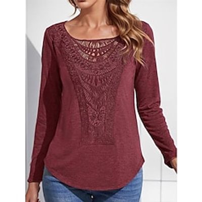 Women's Lace Shirt Shirt Blouse 100% Cotton Plain Casual Fuchsia Lace Patchwork Long Sleeve Fashion Basic Modern Round Neck Regular Fit Spring Lightinthebox
