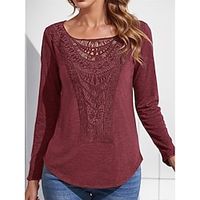 Women's Lace Shirt Shirt Blouse 100% Cotton Plain Casual Fuchsia Lace Patchwork Long Sleeve Fashion Basic Modern Round Neck Regular Fit Spring Lightinthebox - thumbnail