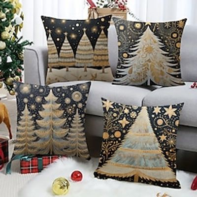 Christmas Gold Trees Double Side Pillow Cover 4PC Scandinavian Folk Art Xmas Soft Decorative Square Cushion Case Pillowcase for Bedroom Livingroom Sofa Couch Chair miniinthebox