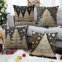 Christmas Gold Trees Double Side Pillow Cover 4PC Scandinavian Folk Art Xmas Soft Decorative Square Cushion Case Pillowcase for Bedroom Livingroom Sofa Couch Chair miniinthebox - thumbnail
