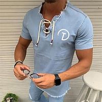 Men's Shirt  Print Solid Colored Letter V Neck Casual Daily Drawstring Tassel Short Sleeve Tops Casual Cool Slim Fit Black  Gray Navy Blue Light Blue Lightinthebox - thumbnail