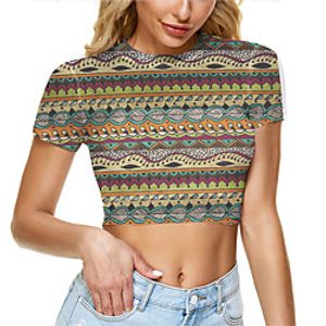 Women's Bohemian Theme Crop Tshirt Graphic Geometric Mesh Print Round Neck Tops Basic Boho Basic Top Blue Yellow Blushing Pink miniinthebox