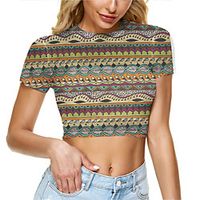 Women's Bohemian Theme Crop Tshirt Graphic Geometric Mesh Print Round Neck Tops Basic Boho Basic Top Blue Yellow Blushing Pink miniinthebox - thumbnail