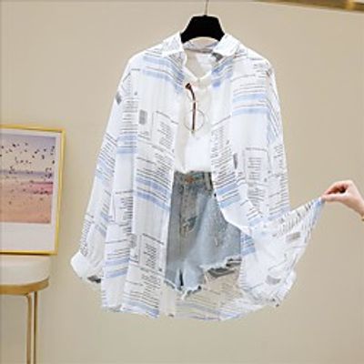 Women's Coat Casual / Daily Summer Long Coat Shirt Collar Regular Fit Casual Jacket Pattern Blue Yellow miniinthebox