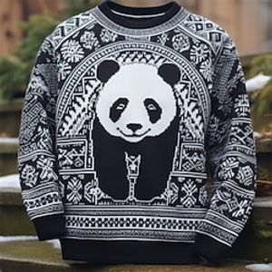 Panda Casual Men's Knitting Print Pullover Sweater Jumper Knitwear Outdoor Daily Vacation Long Sleeve Crewneck Sweaters Black White Gray Fall Winter S M L Sweaters Lightinthebox