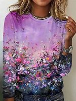 Round Neck Casual Loose Floral Print Long Sleeve T-Shirt