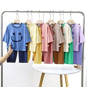 Kids Boys 2 Pieces T-shirt  Pants Pajama Set Short Sleeve Yellow Pink Blue Cartoon Crewneck Summer Spring Daily Home 3-7 Years Lightinthebox