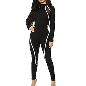 Women's Jumpsuit Zipper Striped Turtleneck Active Street Sport Regular Fit Long Sleeve Blue Black Wine S M L Spring Lightinthebox