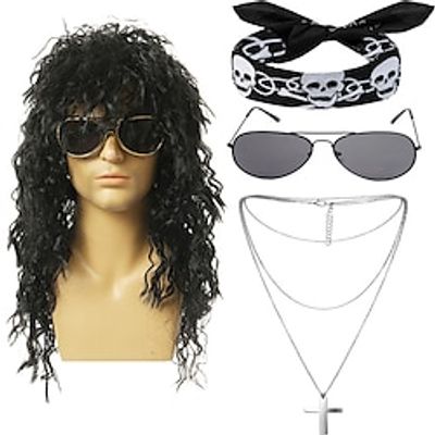 Men's Women 80s Rocker Mullet Wig with Glasses and Necklace Long Blonde Curly Glam Rock-Rockstar Wig Punk Heavy Metal Hair Wig Perfect for Halloween, Cosplay, DIY Themed Costume Party miniinthebox