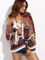 Bohemian Women Geometric Printed Tassels Stitching Long Sleeve Kimono