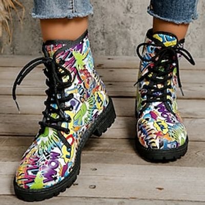 Women's Boots Print Shoes Combat Boots Lace Up Boots Party Daily Color Block Letter Mid Calf Boots Winter Lace-up Block Heel Round Toe Fashion Casual PU Lace-up Rainbow miniinthebox