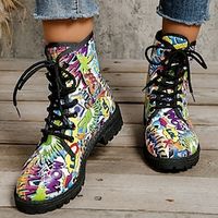 Women's Boots Print Shoes Combat Boots Lace Up Boots Party Daily Color Block Letter Mid Calf Boots Winter Lace-up Block Heel Round Toe Fashion Casual PU Lace-up Rainbow miniinthebox - thumbnail