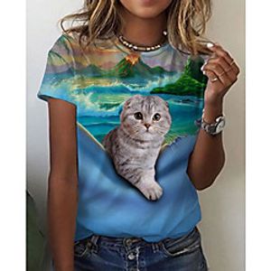 Women's 3D Cat T shirt Cat Scenery 3D Print Round Neck Tops Basic Basic Top Blue Lightinthebox