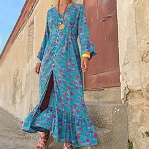Women's Casual Dress Shift Dress Long Dress Maxi Dress Blue Long Sleeve Floral Button Print Winter Fall V Neck Stylish Casual Fall Dress Flare Cuff Sleeve Loose Fit 2022 S M L XL 2XL 3XL miniinthebox
