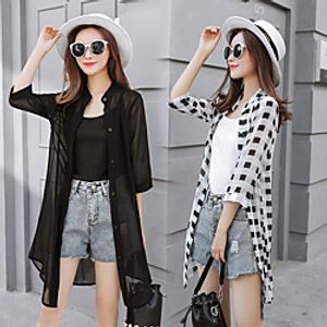 Women's Coat Casual / Daily Spring  Summer Long Coat Shirt Collar Regular Fit Casual Jacket Pattern Others lattice Green flower miniinthebox