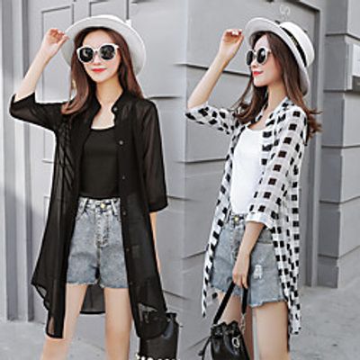 Women's Coat Casual / Daily Spring  Summer Long Coat Shirt Collar Regular Fit Casual Jacket Pattern Others lattice Green flower miniinthebox