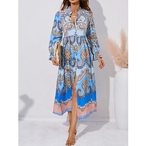 Women's Casual Dress A Line Dress Graphic Floral Print Button Split Neck Midi Dress Streetwear Ethnic Street Holiday Long Sleeve Regular Fit Yellow Blue Fall Winter S M L XL 2XL Lightinthebox