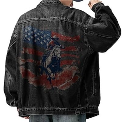 Letter Horse National Flag Casual western style Men's Coat Denim Jacket Sports  Outdoor Going out Weekend Fall  Winter Turndown Long Sleeve Black Blue M L XL Denim Jacket Lightinthebox