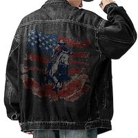 Letter Horse National Flag Casual western style Men's Coat Denim Jacket Sports  Outdoor Going out Weekend Fall  Winter Turndown Long Sleeve Black Blue M L XL Denim Jacket Lightinthebox - thumbnail