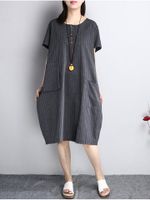 O-NEWE Casual Women Loose Striped Pockets Asymmetrical Dress