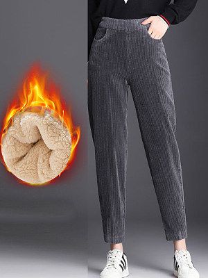 Casual Solid Color Corduroy Plush Thermal Pants