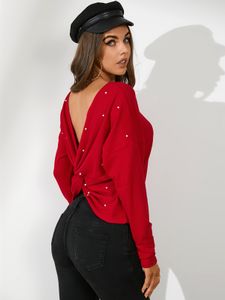 YOINS Backless Handmade Beaded Round Neck Long Sleeves Sweatshirt