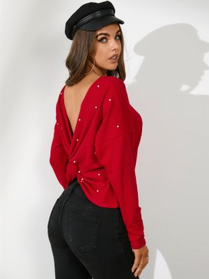 YOINS Backless Handmade Beaded Round Neck Long Sleeves Sweatshirt