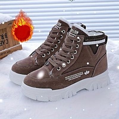 Women's Sneakers Boots Snow Boots Dad Shoes Daily Fleece Lined Flat Heel Round Toe Casual Minimalism Running Walking PU Lace-up Black Coffee Gray miniinthebox