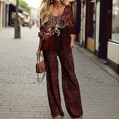 Women's Designer Shirt Pants Sets Red Blue Brown Graphic Print Long Sleeve Party Festival Christmas Round Neck Regular Fit Spring Fall Lightinthebox Women's Designer Shirt Pants Sets Red Blue Brown Graphic Print Long Sleeve Party Festival Christmas Round Neck Regular Fit Spring Fall Lightinthebox