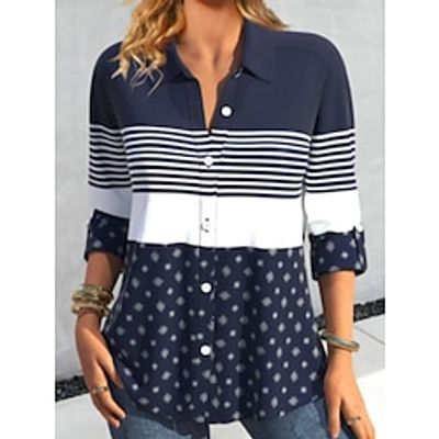 Women's Shirt Blouse Black Graphic Striped Button Print Long Sleeve Casual Fashion Shirt Collar Regular Fit Spring   Fall Lightinthebox