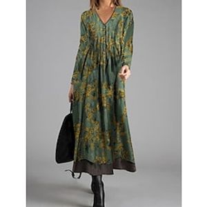 Women's Swing Dress Emerald Green Dress Midi Dress Green Long Sleeve Print Print Fall Winter V Neck Stylish Modern 2022 S M L XL 2XL 3XL Lightinthebox