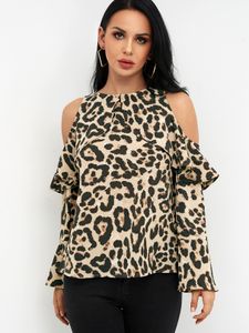 Brown Leopard Cold Shoulder Long Bell Sleeves Flouncy Blouse